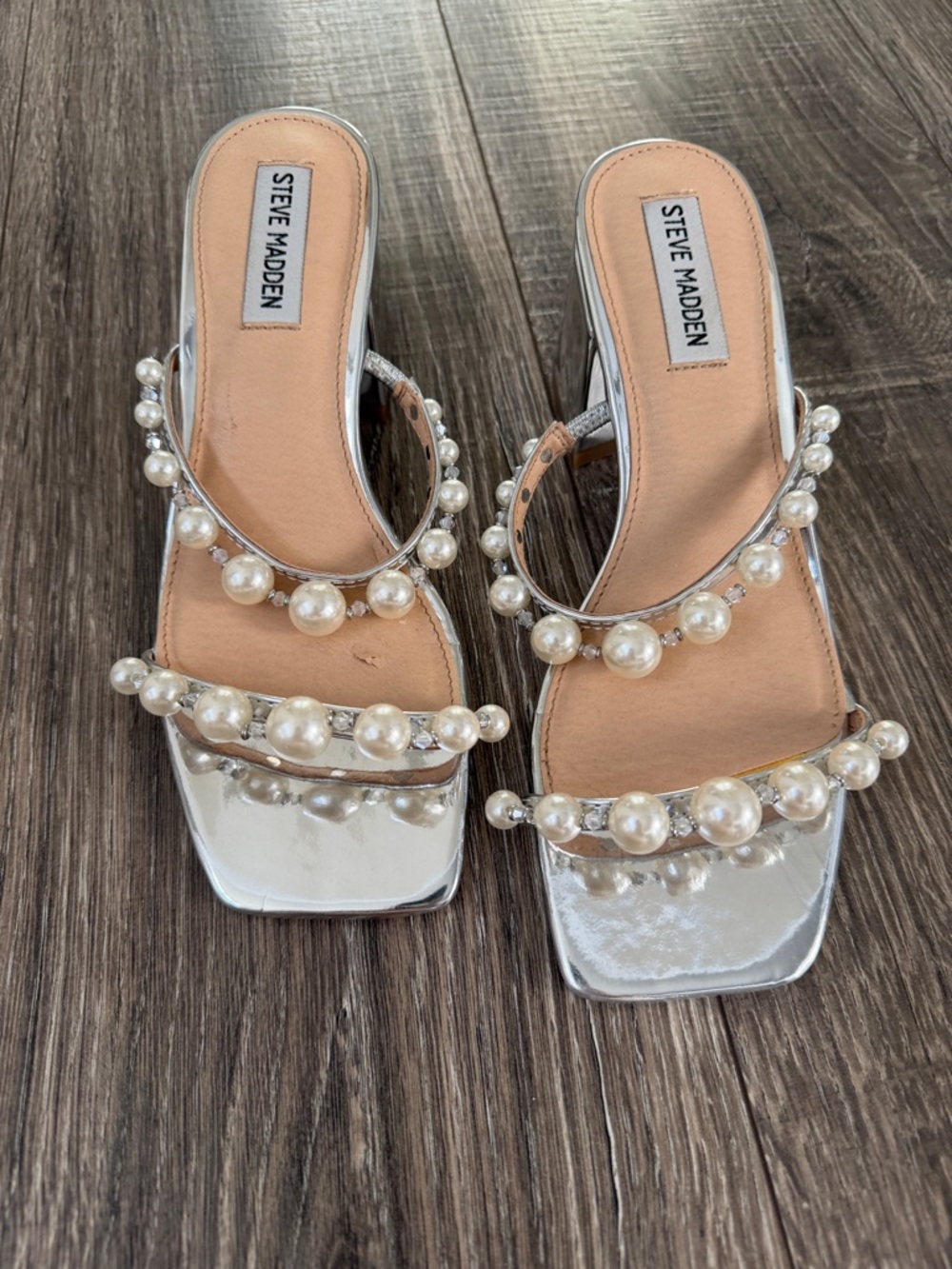 Steve Madden Silver Pearl-Trim Slide Heels